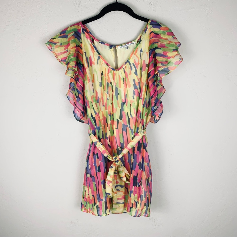 Collective Clothng 100% Silk Colorful Flutter Sleeve Blouse Size Medium